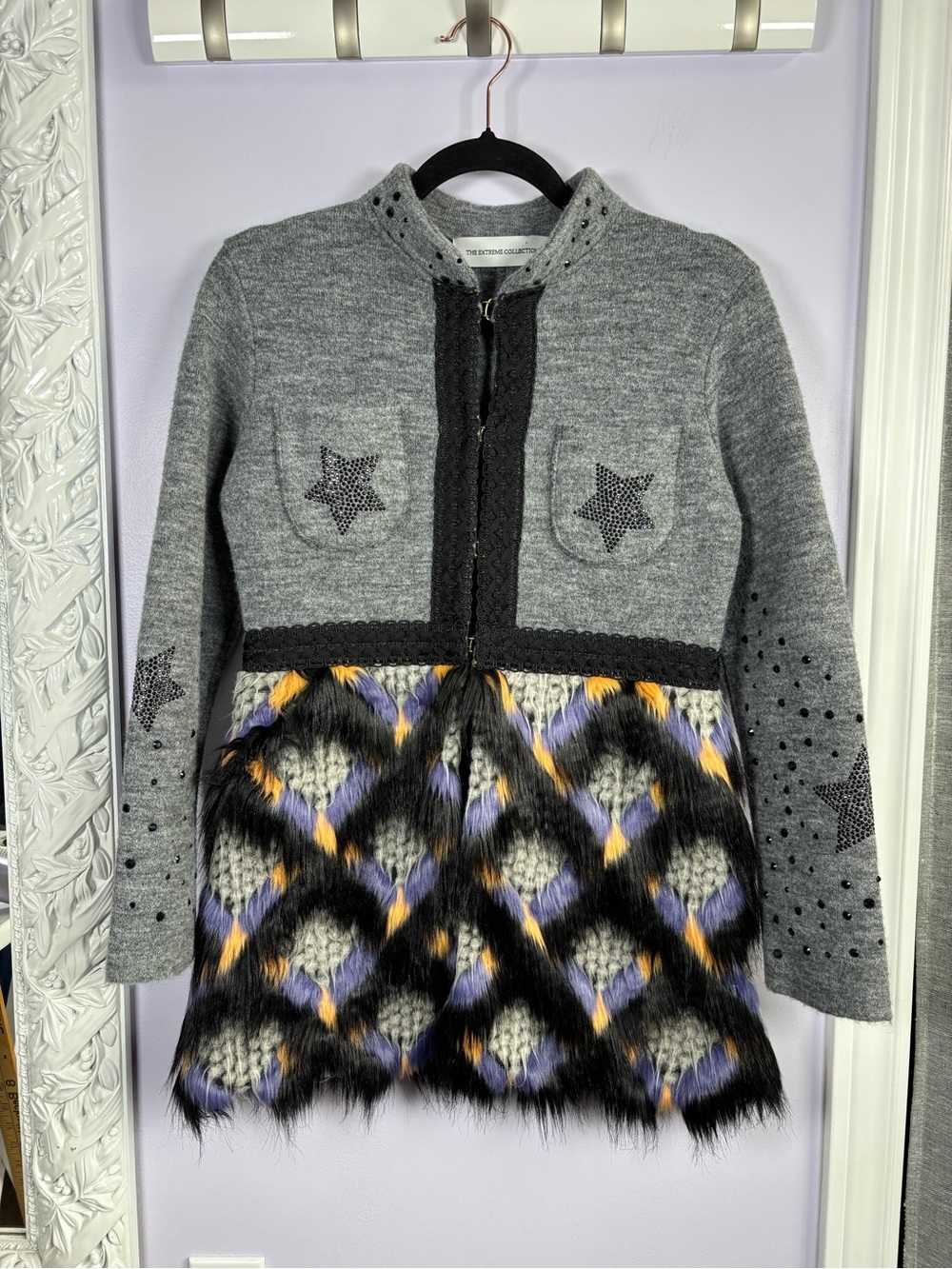 The Extreme Collection Designer Gray Wool Blend Star Cardigan Textured Pattern S